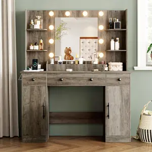 White Vanity Table with Mirror & RGB LED Lighting 3 Drawers & Cabinet Charging Station Women's Dressing Table Lighted Makeup summervibes