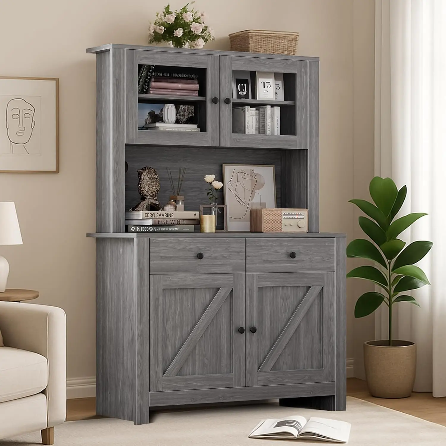 Gaomon 63-in Tall Freestanding Cupboard Pantry - Multifunctional Wood Storage Cabinet with Drawers, Hutch, Glass Doors, Adjustable Shelves, Microwave Storage, Grey, Multifunctional Storage Cabinet