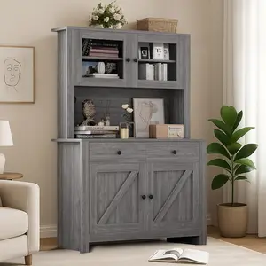 Gaomon 63-in Tall Modern Freestanding Wood Cupboard - Kitchen Pantry Cabinet with Drawers, Hutch, Glass Doors, Adjustable Shelves, Microwave Stand, Sideboard Buffet, Quick Setup, Reinforced Base, Grey
