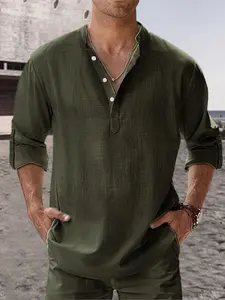 Men's Olive Green Linen-Feel 2-Piece Loungewear Set - Henley Band Collar 3/4 Sleeve Shirt & Drawstring Pants, Breathable Fabric, Relaxed Fit for At-Home Lounging, Yoga & Casual Errands