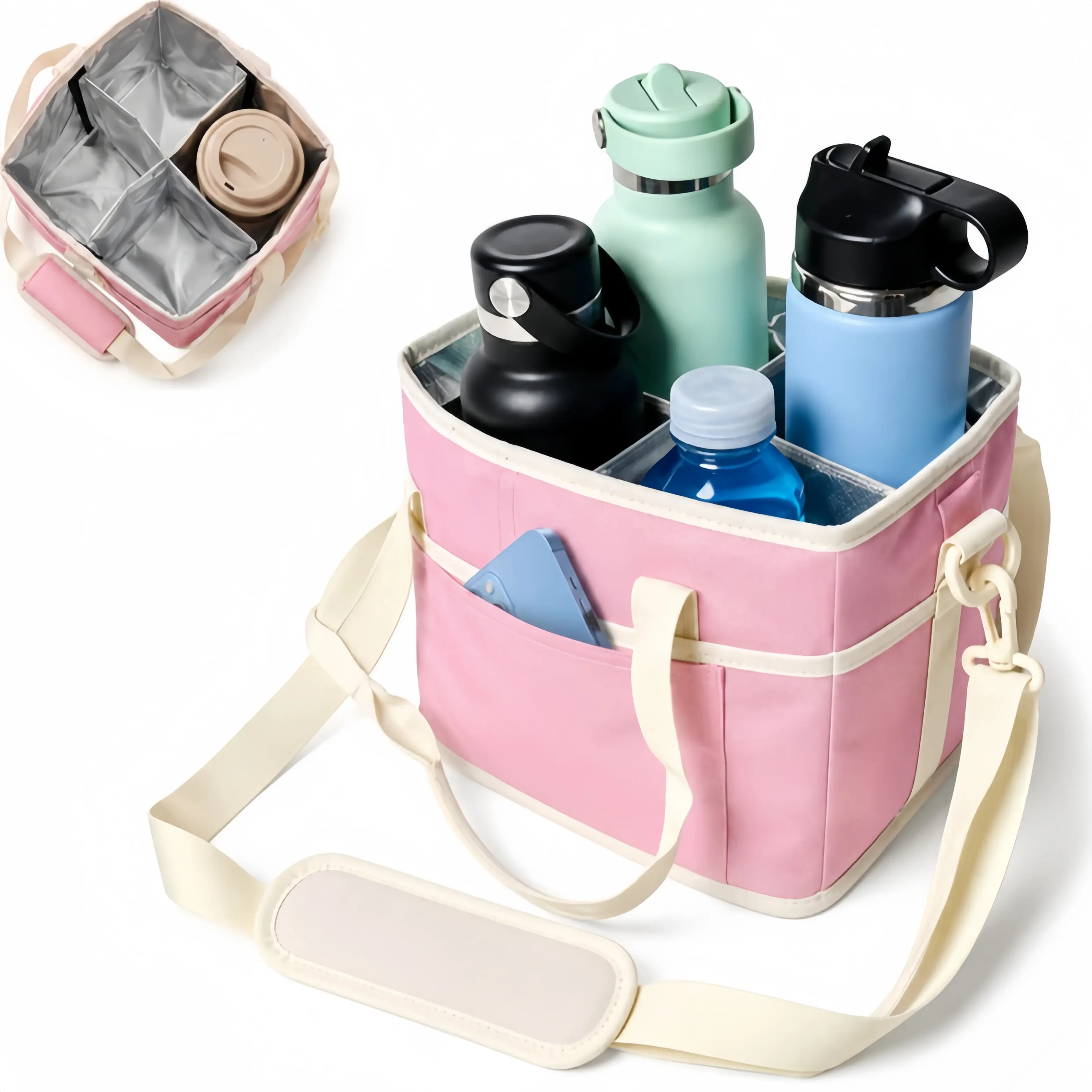 Family Size Sturdy Tumbler Carrier Caddy, 4 Compartment Drink Bag Equipped with Adjustable Shoulder Strap, Multipurpose Organizer for Beach, Camping, Sports and All Outdoor Activities
