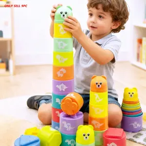 9pcs Baby Educational Stacking Cups Set, Children's Educational Cognition Large Particle Building Blocks, Learning Toys Stacking Cups, Digital Letter Pattern Stacking Cups, Blocks Tower Game (Random Colors)