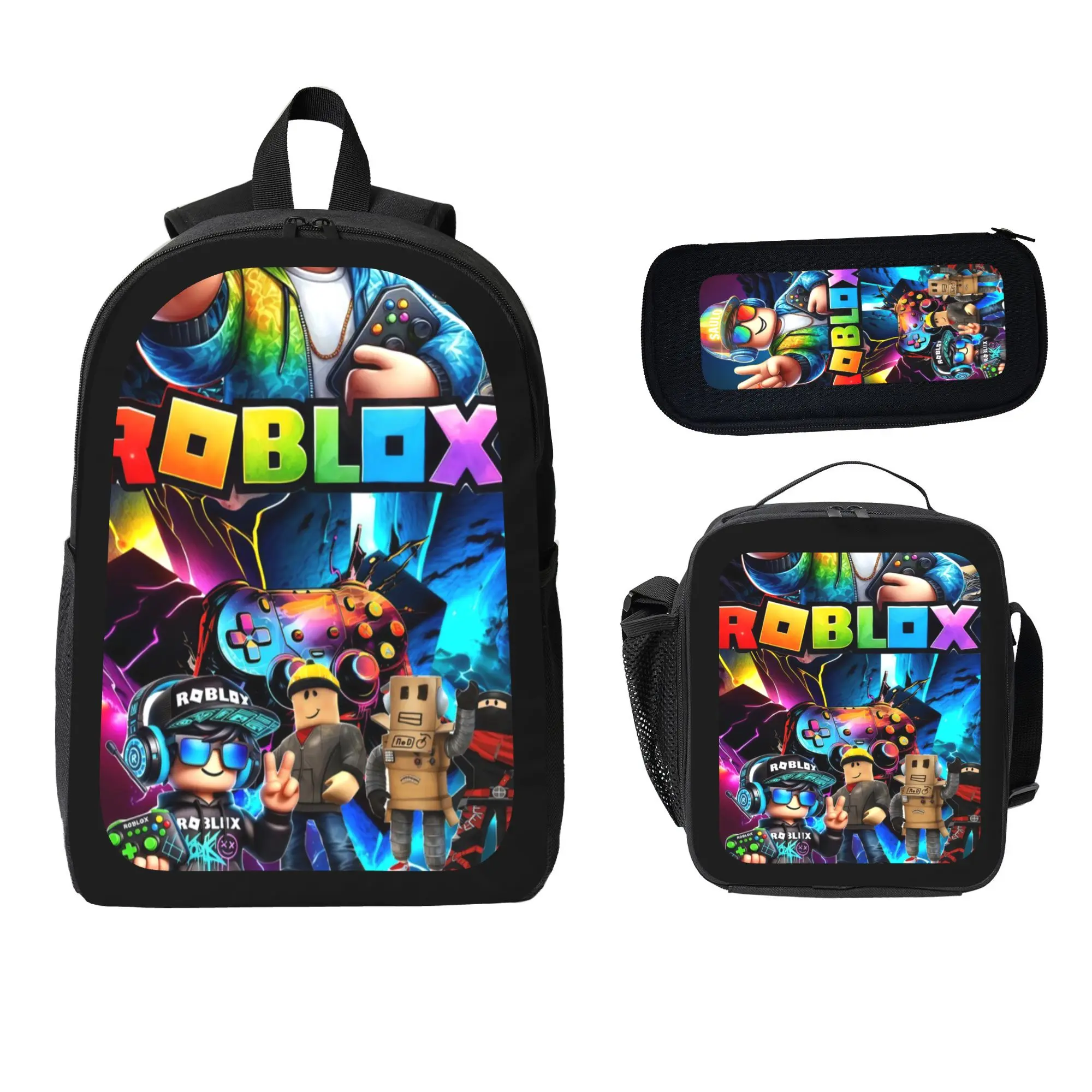 Roblox Themed 3-Piece Backpack Set, Colorful Game Characters & Controller Print School Bag + Lunch Bag + Pencil Case, Oxford Cloth Adjustable Strap Daypack for Kids & Gamers