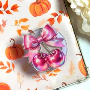 Holographic Cherry Bow Magnetic Phone Grip, Aesthetic Coquette Cherries Magsafe Kickstand, Trendy Retro Y2K Girly Pop Gift