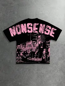 Men's Black Pink NONSENSE Letter Print T-Shirt, Vintage Streetwear Hip Hop Top, Suitable for Daily Wear and Street Style