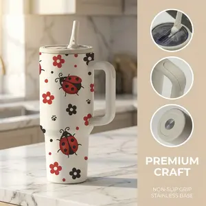 1 Pc 40 Oz Stainless Steel Water Cup with Handle and Foldable Straw, Red Ladybug Pattern, Double Wall Insulated Thermal Mug, Vacuum Insulated Flask, Hot 12H/ Cold 24H, Drinkware, Easter, Mother's Day or Birthday Gift