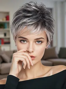 Fashion Women's Wig, Black Gray Pixie Cut Straight Hair, Puffy Layered Bangs, Suitable for Daily/party Wear, Machine Made Wig