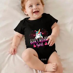 Unicorn Birthday Girl Hearts Sparkles Print Bodysuit Baby Rompers Short Sleeve Cotton Toddler Rompers Graphic Print Baby Clothes One-Piece Outfit