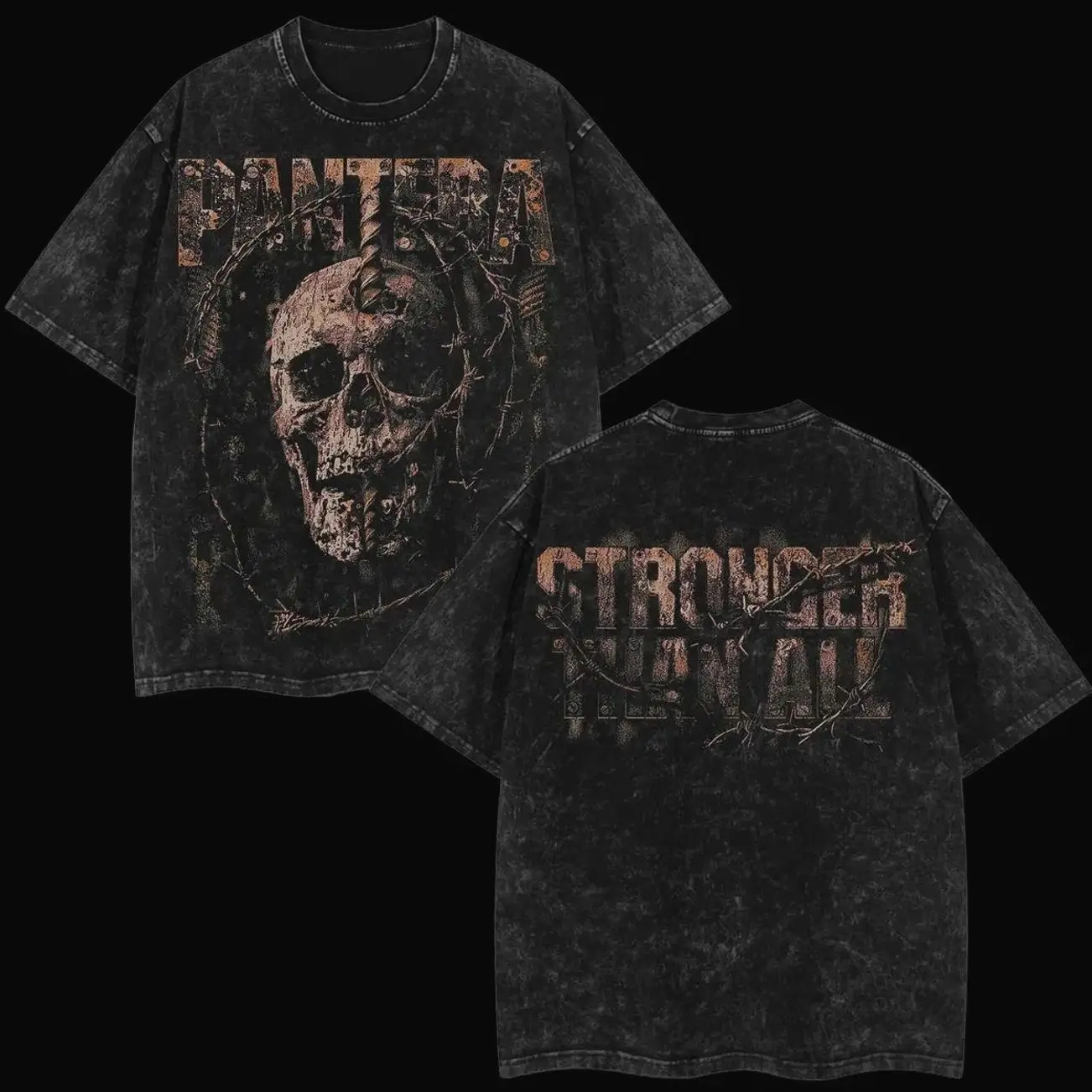 Vintage Pantera �STRONGER THAN ALL� Strength Beyond Strength Retro Unisex Acid Washed Hoodie T-Shirt � 90s Records Rock Cotton Washed Tee, Groove Metal Rock Band Washed Shirt, Oversized Vintage Tee, Heavy Metal Merch, Gift for Rock Fans  86J