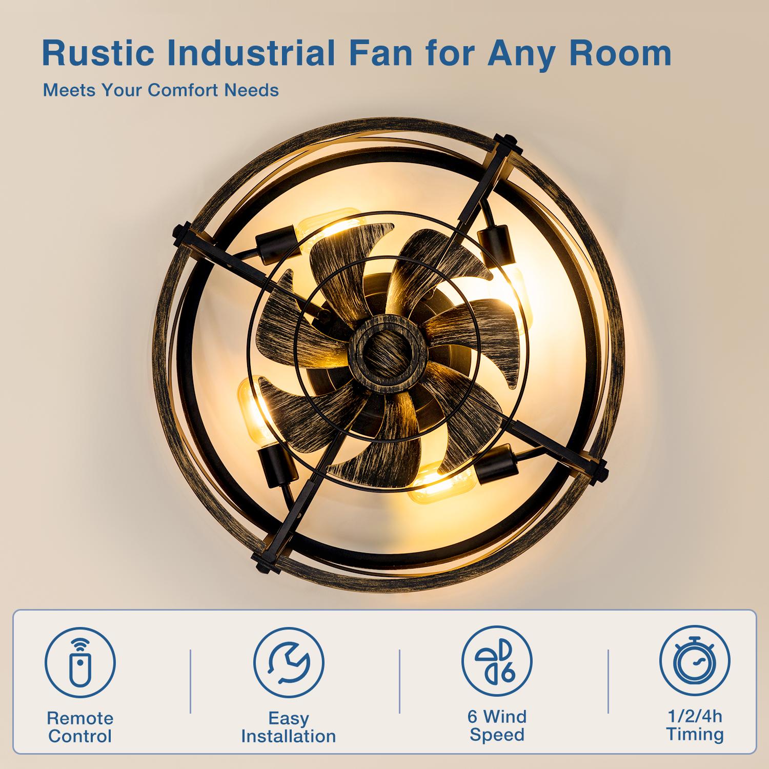 20" Caged Ceiling Fan with Light and Remote, Low Profile Flush Mount Fandelier, Black Bladeless Enclosed Small Fan Lights Ceiling Fixtures, Rustic Farmhouse Style for Bedroom, Outdoor