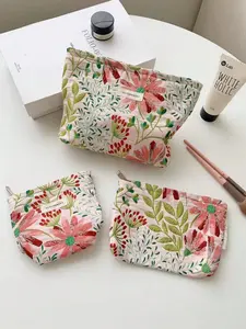 Cute Floral Makeup Bag Portable Wash Bag Zipper Handheld Cosmetic Pouch Women's Handbag Skincare Storage Bag Travel Essential Gift