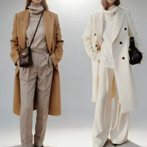 Women's Long Double-Breasted Wool-Blend Coat - Notched Lapel, Soft Warm Fabric, Functional Side Pockets, Timeless Neutral Tones (Cream/Tan), Elegant Tailored Fit for Office, Formal & Casual Winter Outings