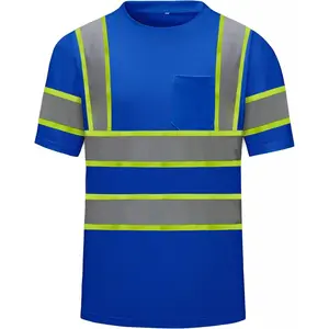 Hi-Vis Safety T-Shirt Class 2, Quick Dry Short Sleeve Work Shirt with Reflective Stripes & Chest Pocket for Construction Men & Women (Blue, 2XL)
