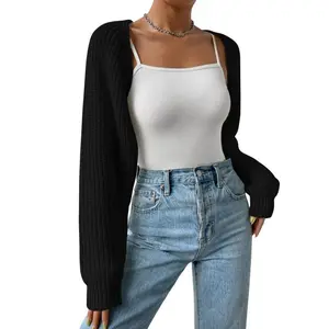 Women's Open Front Cropped Cardigan Long Sleeve Solid Color Ribbed Knit Shrug Sweater Bolero Autumn Winter Lady Tops
