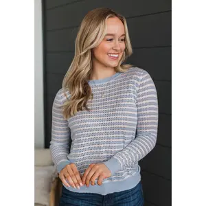 Too Perfect Striped Pointelle Knit Sweater- Chambray