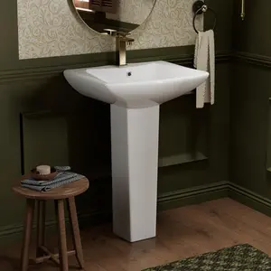 24" x 19" Ceramic Pedestal Bathroom Sink, Modern Pedestal Sink for Small Bathrooms with Overflow and Pre-Drilled Faucet Hole, Compact and Stylish, Perfect for Space-Constrained Bathrooms, Efficient Drainage, Easy to Install