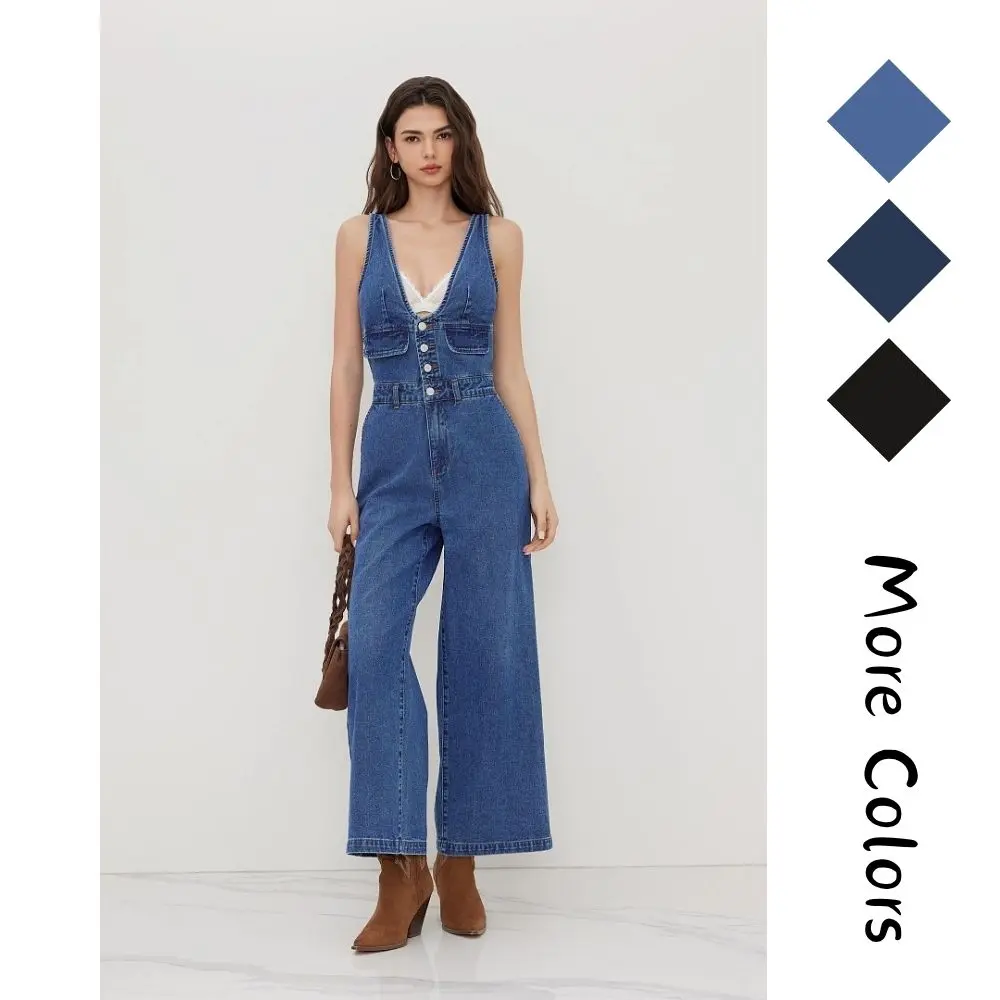 Women’s Dark Denim Jumpsuit Sleeveless V-Neck Button-Front Wide Leg Overalls Jean Jumpsuit