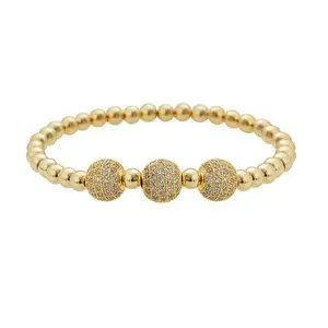 Stately Steel Triple Pavé Ball Beaded Stretch Bracelet