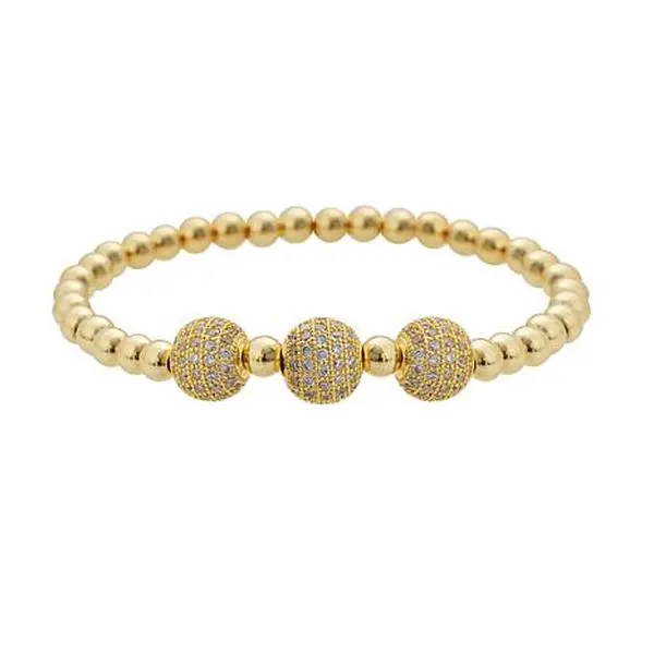 Stately Steel Triple Pavé Ball Beaded Stretch Bracelet