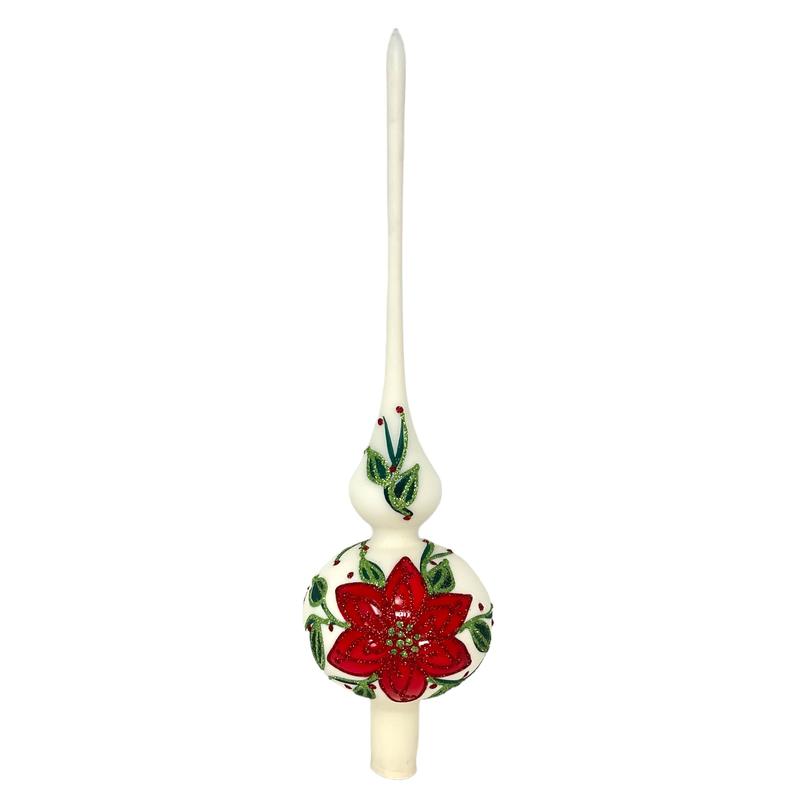 Pinnacle Peak Trading Poinsettia Design White Polish Glass Finial Christmas Tree Topper 14.5 inch