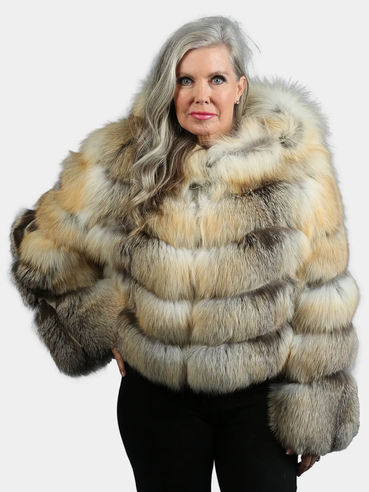 Woman's Natural Golden Isle Fox Fur Jacket With Hood