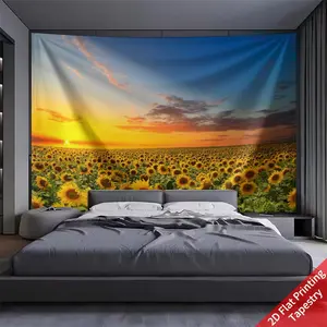 Sunset Sunflower Pattern Tapestry, Horizontal Design, 90g Polypropylene Fabric, Perfect for Living Room and Bedroom Decor, Includes Installation Kit