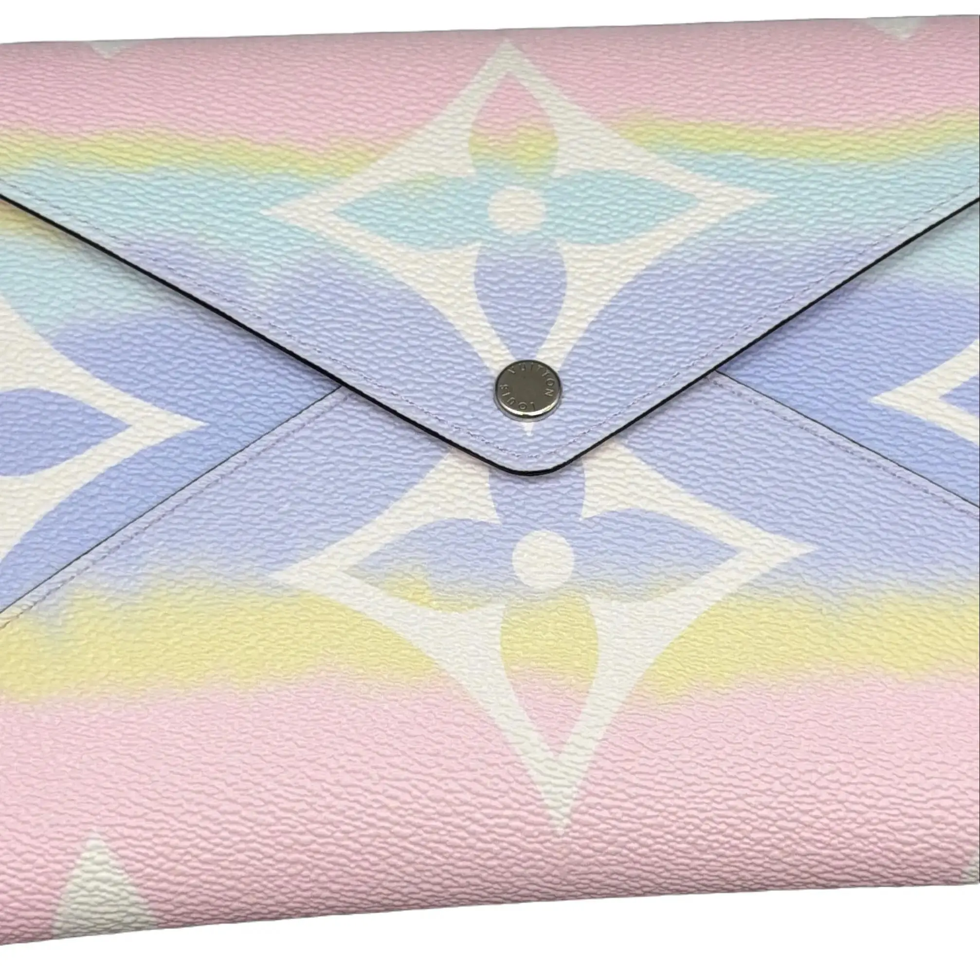 Pre-owned Louis Vuitton Coated Canvas Clutches & Wristlets Limited Edition Monogram Escale Large Kirigami Pochette Pastel Envelope Clutch Elegant Stylish Handheld Bag Purse, Daily Use Purse for Special Occasions