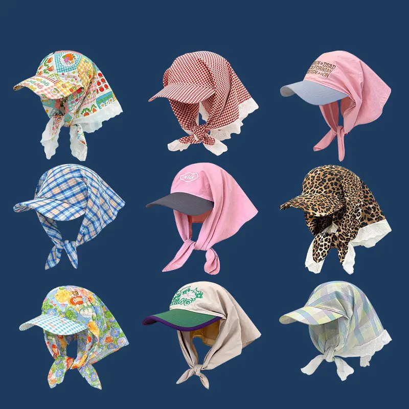 Tie-front Headscarf, Women's Summer Sun Hat, Checkered Country-Style Triangle Scarf, Baseball Cap