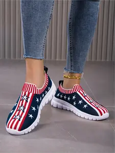 Independence Day Women's Patriotic Shoes, Star-Spangled Print Mesh Breathable Slip-On Sports Shoes, Comfortable Casual Walking Shoes
