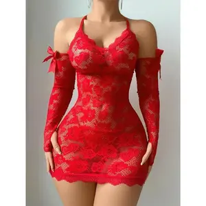 4pcs/Set Including Lace Nightgown, Thong Panty, And Bow Decor Gloves, Valentine Lingerie Set Piece Womenswear