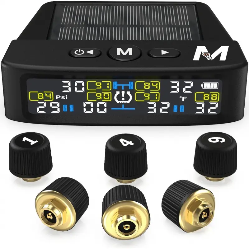 4-Piece TPMS Tire Pressure Monitoring System Vehicle Accessories Kit for Trailer, RV - 0-98PSI, 50ft Extended Range, Solar Charging, 6 Alarm Modes