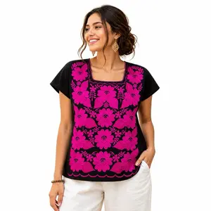 Handmade Mexican embroidery blouse, Magenta floral huipil Top for women