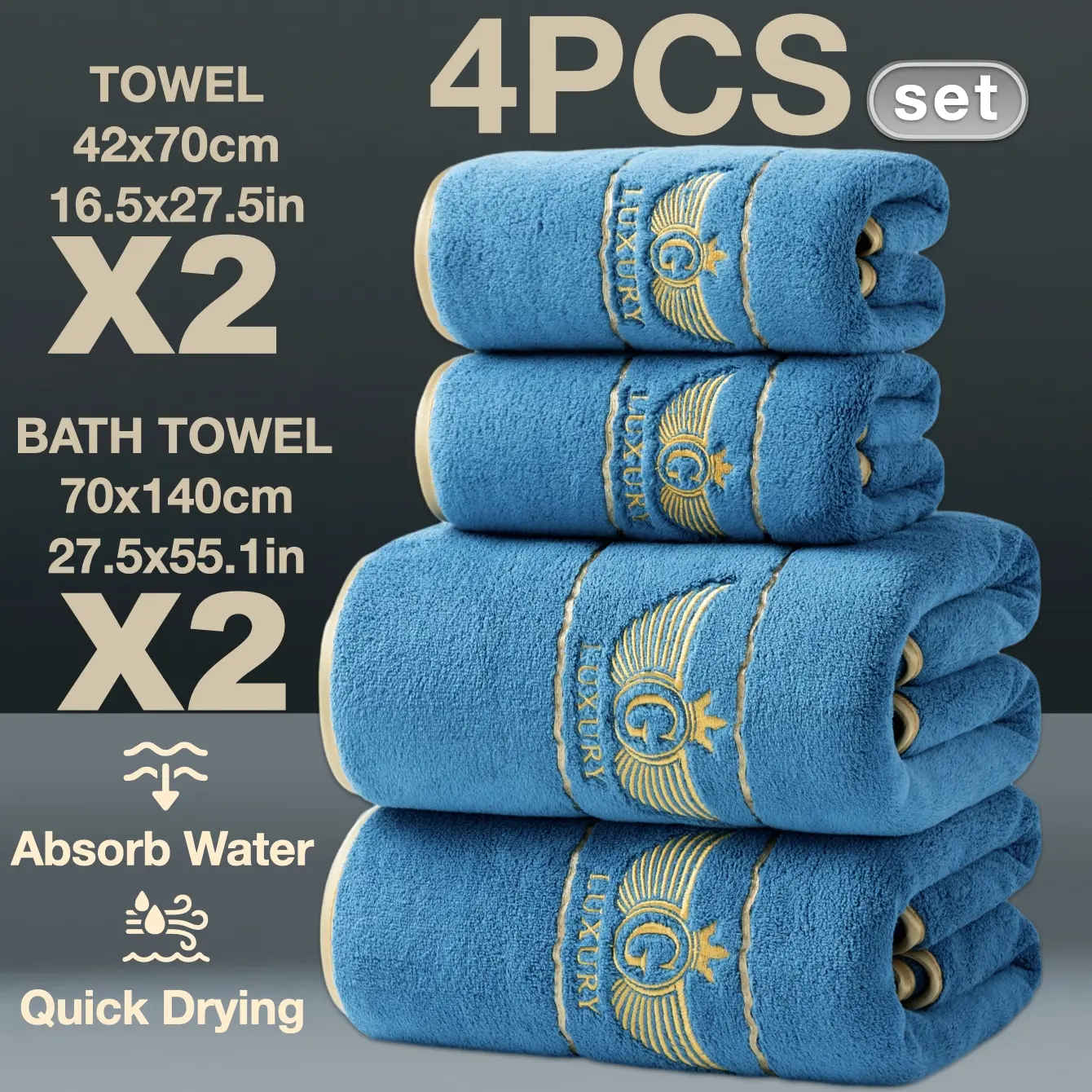 4-Piece Gold Thread Embroidered Decorative Bath & Hand Towels Set, Quick-Dry Super Absorbent Microfiber, Modern Simple Bathroom Essentials