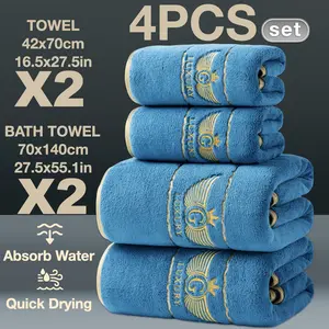 4-Piece Gold Thread Embroidered Bath & Hand Towels Set, Quick-Dry Super Absorbent Microfiber, Modern Simple Bathroom Essentials