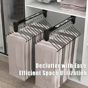 Adjustable Pull-Out Closet Organizer Rod, Extendable Pants Rack, Sliding Steel Top Hanging Clothes Hanger, Space-Saving Wardrobe Storage, Adjustable Hooks Hanger