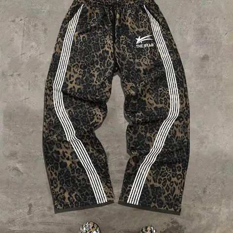 Men's Regular Fit Leopard Print Side Stripe Sweatpants Streetwear, Street Fashion Casual Comfy Jogger Pants, Casual Sports Bottoms, Casual Jogging Pants for Daily Wear, Men's Trousers for All Seasons