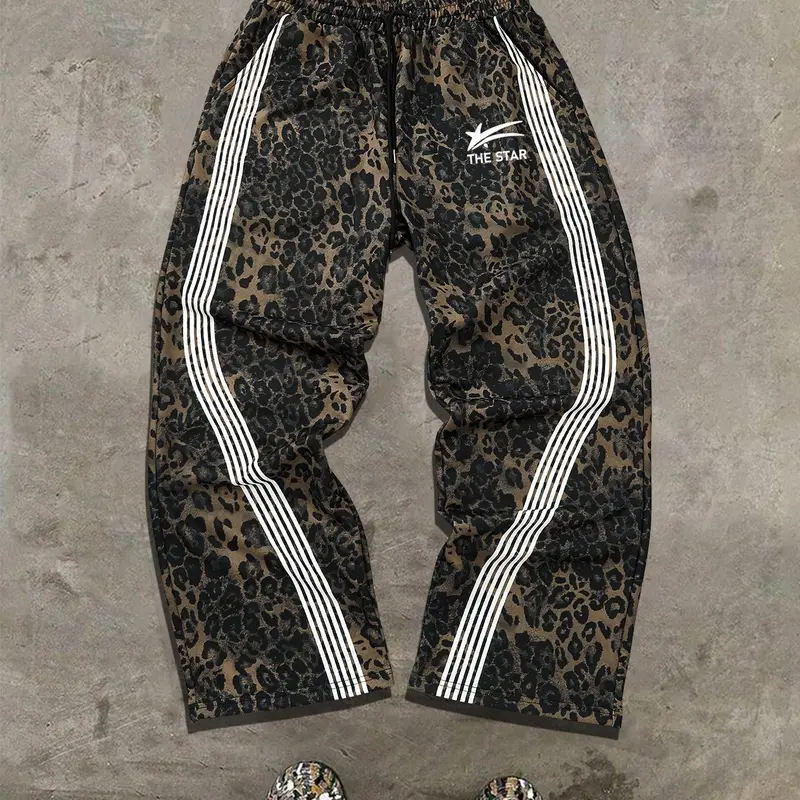 Men's Regular Fit Leopard Print Side Stripe Sweatpants Streetwear, Street Fashion Casual Comfy Jogger Pants, Casual Sports Bottoms, Casual Jogging Pants for Daily Wear, Men's Trousers for All Seasons