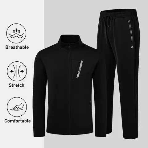 Men's 2-Piece Long Sleeve Full-Zip Casual Sports Set - Solid Athleisure Tracksuit, 5% Spandex Athletic Pants Set with Drawstring, Breathable Non-Pilling Mensfashion Activewear for Running, Gym, Daily Casual Wear (XX-Large)