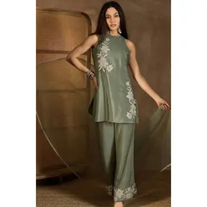 Green Embroidered Kurta With Palazzo & Dupatta