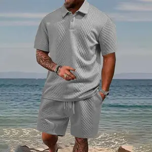Men's Summer 2-Piece Jacquard Fabric Set - Turn-Down Collar Top & Shorts, Lightweight Loose Fit, Solid Color, Breathable Skin-Friendly, Cool Non-Stuffy, Sophisticated Stylish Menswear Clothing Set