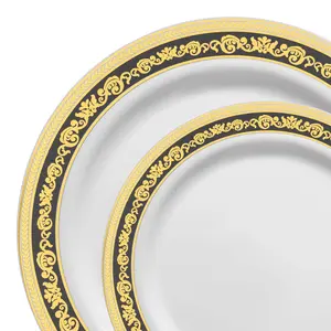 White with Black and Gold Royal Rim Plastic Dinnerware Value Set