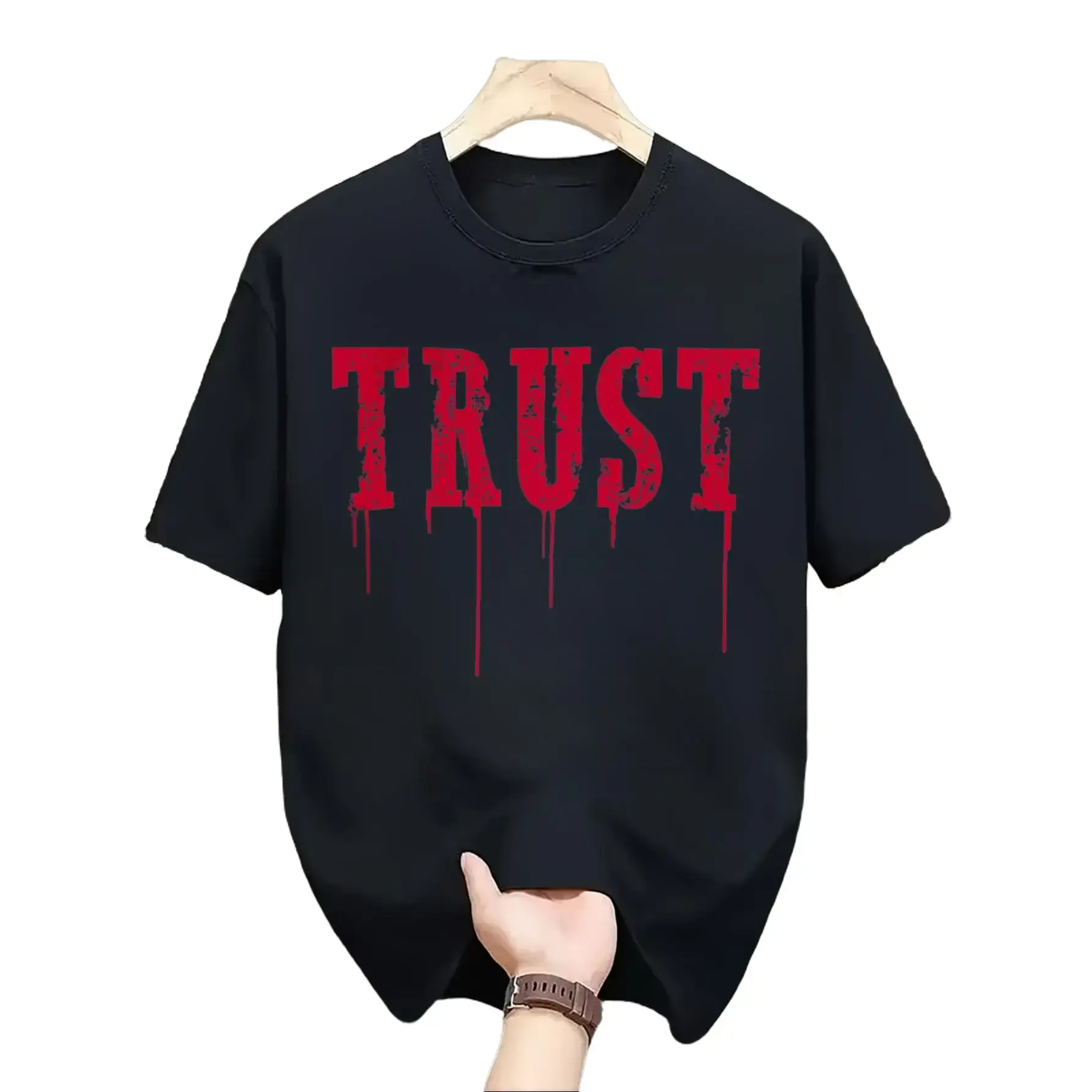 Black Casual Men's T-Shirt, Trust Drip Text Graphic Design, Summer Streetwear Daily Wear, Gift For Boyfriend Husband Male Friend