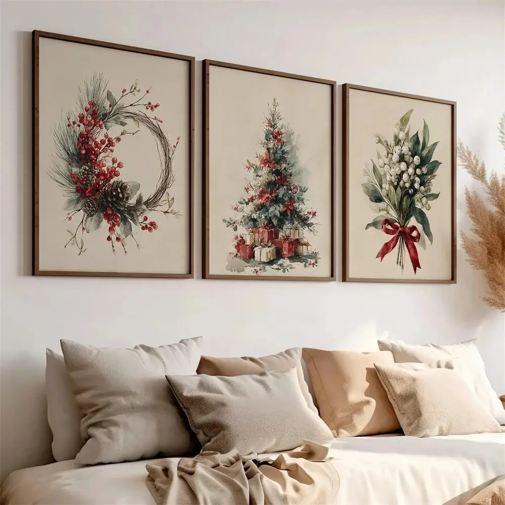 Watercolor Christmas Winter Decor Home Wall Decor Wall Art Set of 3 Poster or Canvas Print, Christmas Tree Wreath and Mistletoe Wall Art, Decorative Artwork