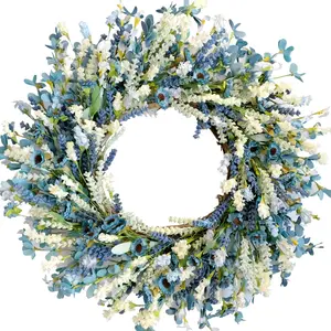 Summer Spring Blue Ivory Lavender Decorative Flower Wreath, Rustic Farmhouse Wild Flowers Wreath, Coastal Blue Home Decor for Front Door