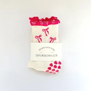 Effortless Club Crew Half Calf Grip Socks, Bright Pink Bow Pilates Socks, The Cutest Non-Slip Socks, Barre Yoga Fitness, Ruffle Socks