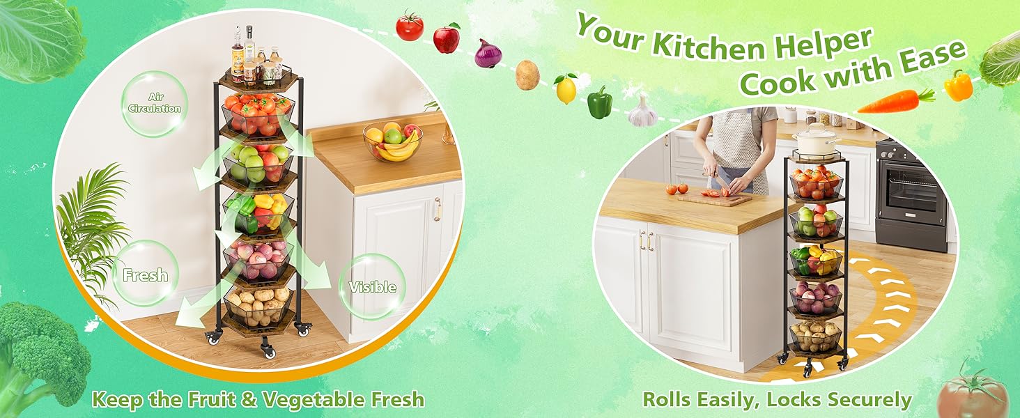 Fruit and Vegetable Storage Basket for Kitchen, 6 Tier Kitchen Cart on Wheels with Storage, Rolling Fruit Basket Stand with 5 Pack Fruit Bowl, Rotating Fruit Organizer Storage Cart for Potato, Onion