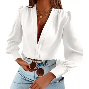 Women's Business Casual Tops Summer Long Sleeve Silk Button Down Shirts V Neck Chiffon Blouses