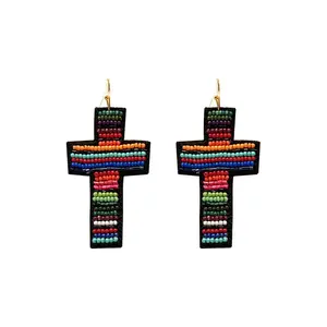 Serape Stripe Seed Bead Cross Earrings