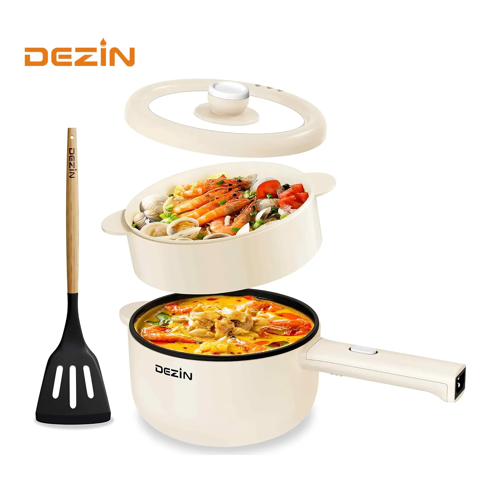 Electric Cooker, 2L Non-Stick Saute Pan,Adjustable Power | Electric Pot for Cooking/Steak/Egg/Fried Rice/Ramen/Soup, Portable Pot for Dorm/RV/Family/Travel/Camping, Include Spatula
