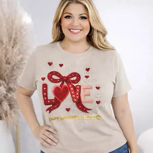 AE ALMA EDELIA'S DISEÑOS A TU ESTILO LOVE Bow 3D Glam T-Shirt #00128 for Women with Crystals & Pearls Stretch Cotton Moda Elegante